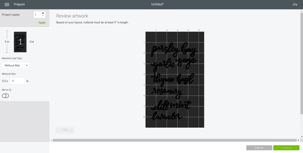 Reviewing artwork in the Cricut design space.