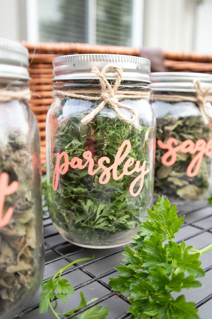 Glass mason jar with coral vinyl label "parsley". Twine is wrapped around the neck of the jar. 