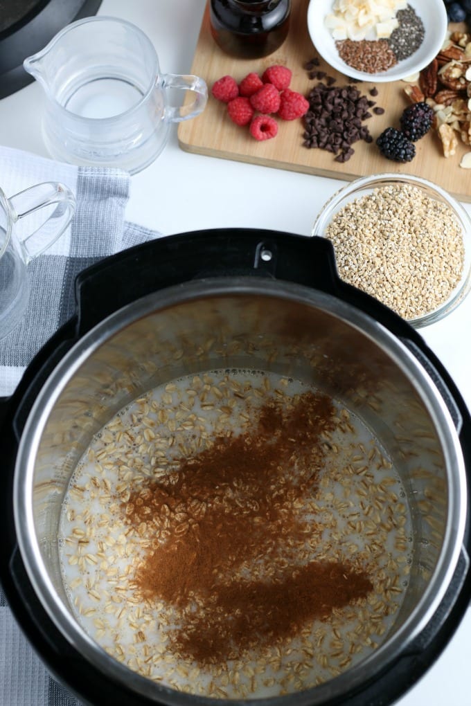Instant pot oatmeal in an instant pot topped with spices.