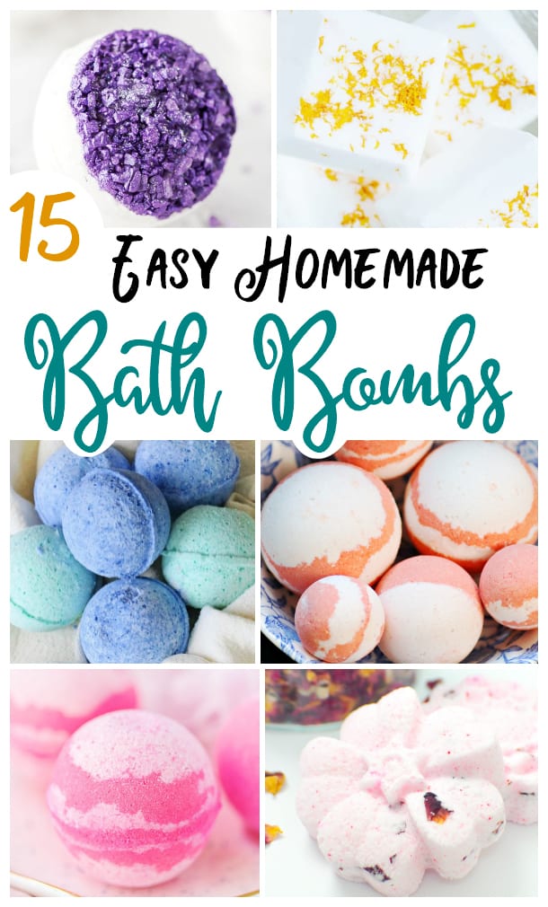 Image contains a collage of colorful homemade bath bombs.