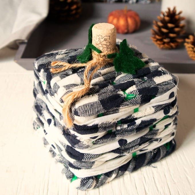 close up of Scrap Fabric Pumpkin Decor made from leftover buffalo plaid fabric