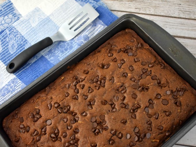 Chocolate zucchini cake in a non-stick pan.