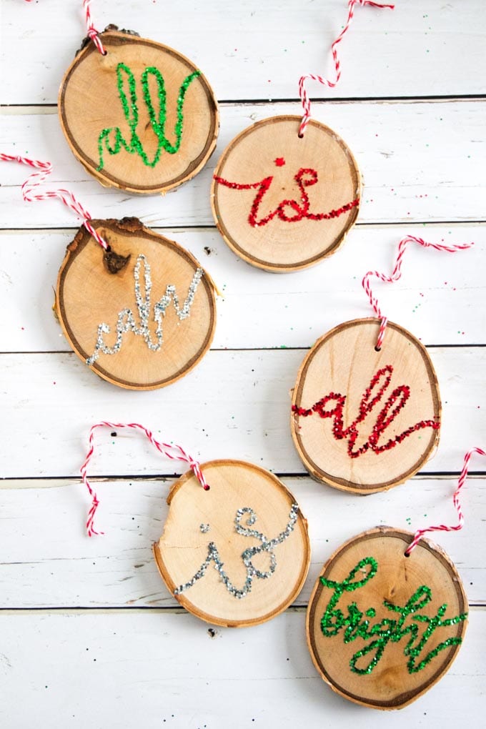 glittering wood slice ornaments