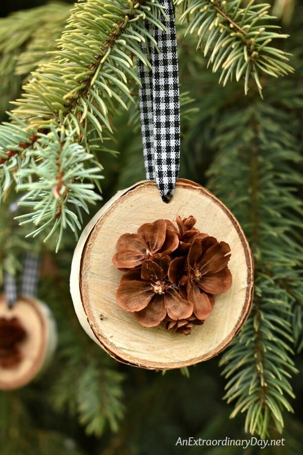 close up of wood slice ornament with rustic pine cone detail