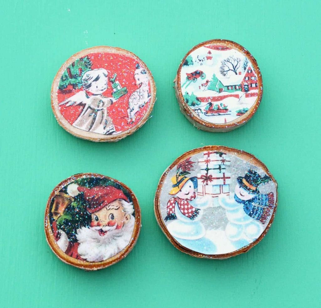 wood slices with vintage cards made into magnets