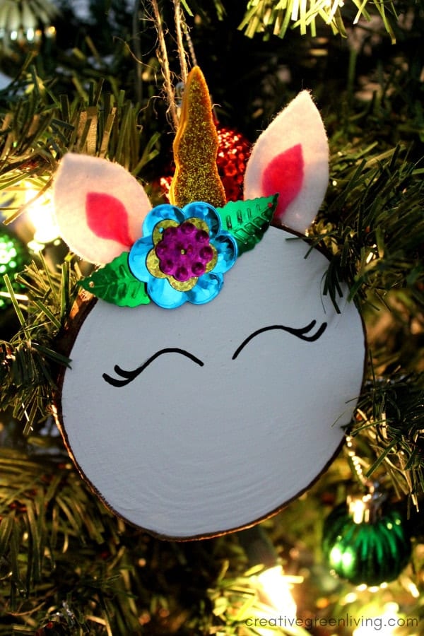 close up of diy unicorn Christmas ornament