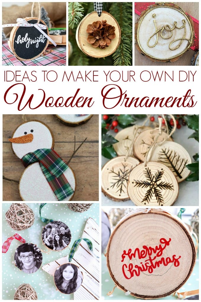 collage of DIY wood slice ornaments