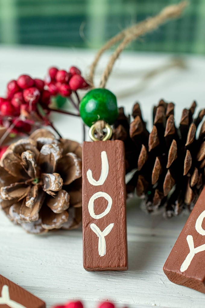 Close up of Painted Wood Ornaments - brown wooden block with the work JOY written in white. The ornament is leaning on pine cones.