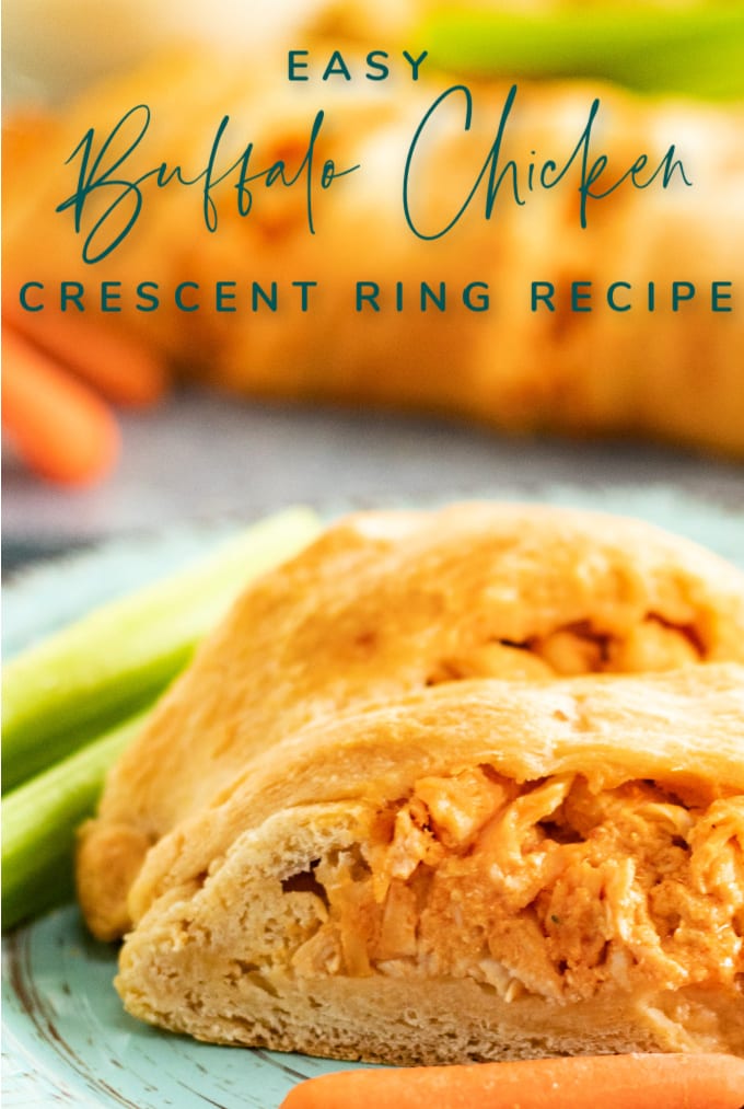 Buffalo Chicken Crescent Ring - close up of a slice of crescent roll buffalo chicken ring on the plate with celery sticks and baby carrots 