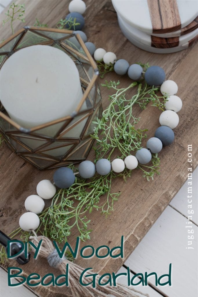 Top down view of a DIY wood bead garland.
