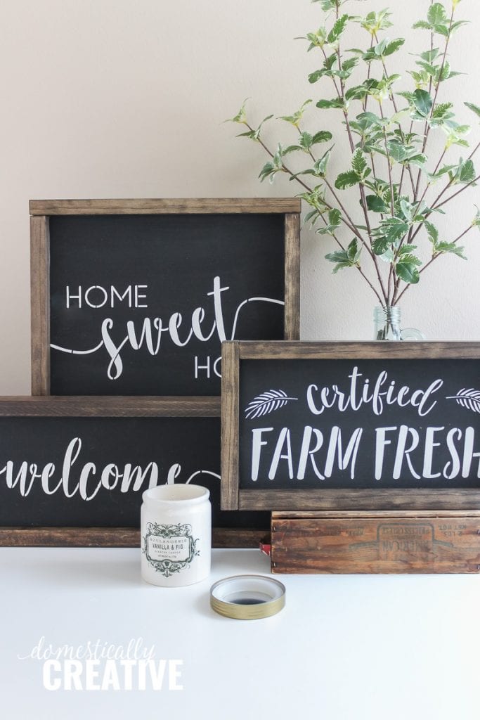 Three DIY farmhouse chalkboard signs.
