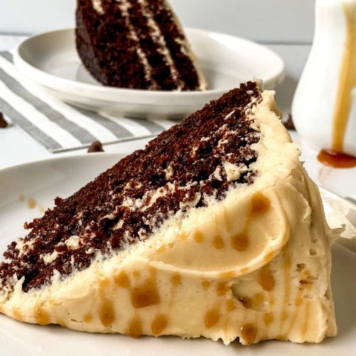 Close up image of chocolate and caramel cake.