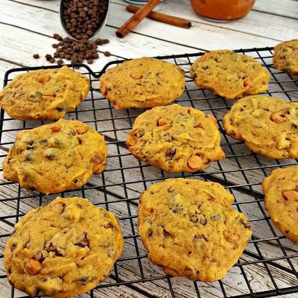 Pumpkin butterscotch cookies on a cooling rack.