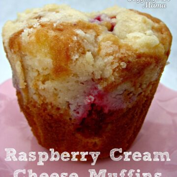 Close up image of a raspberry cream cheese muffin.
