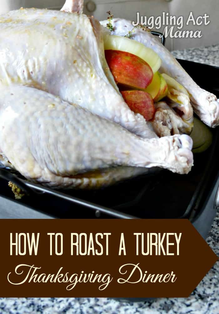 Image contains a raw turkey stuffed with fruits. Title reads: How to Roast a Turkey Thanksgiving Dinner.
