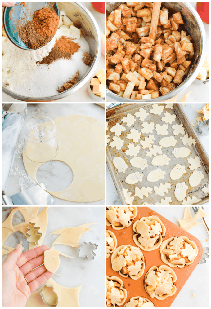 Collage of images showing the process of making mini apple tarts.