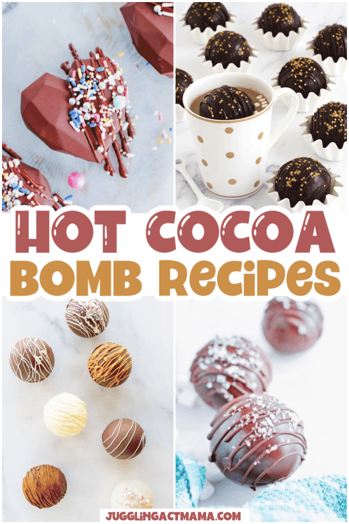 Collage image of hot cocoa bomb recipes. 