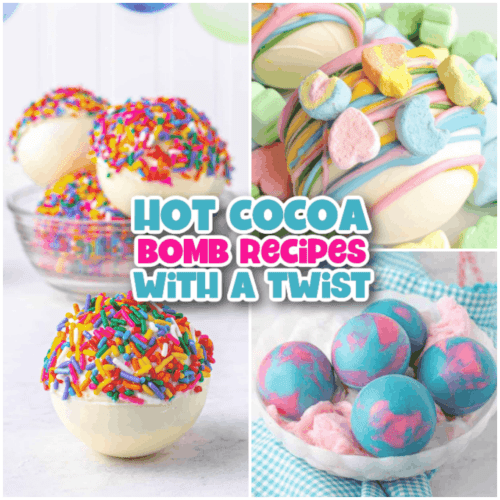 Hot Cocoa Bomb Recipes square collage image with text overlay.