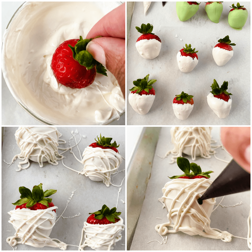 collage image on how to dip and decorate Halloween Chocolate Covered Strawberries