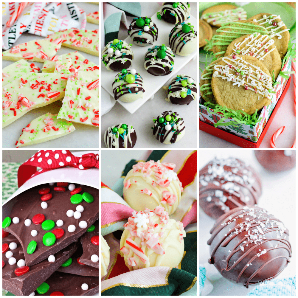 Collage of chocolate bark, truffles and cookies.
