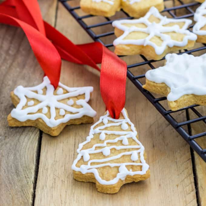 Close up image of sugar cookies decorated with royal icing.
