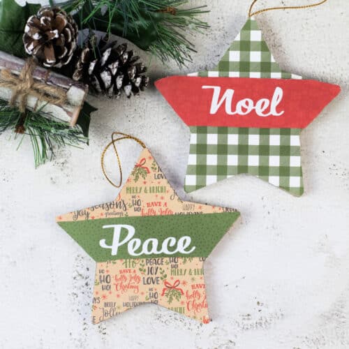 Square image of two paper mache ornaments.