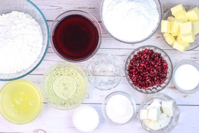 Top down image of ingredients to make Pomegranate Cupcakes.
