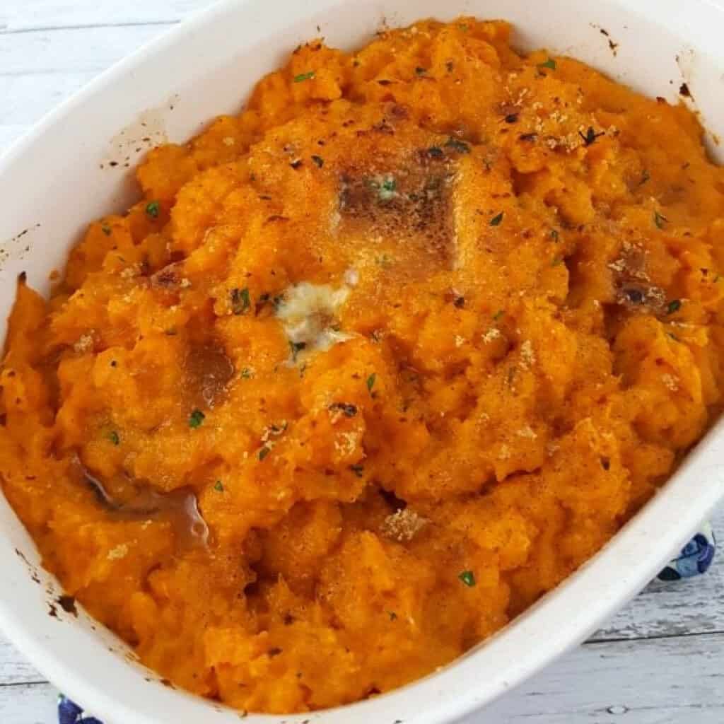 Close up of mashed sweet potatoes.