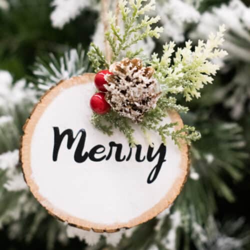 Close up image of a wood circle ornament.