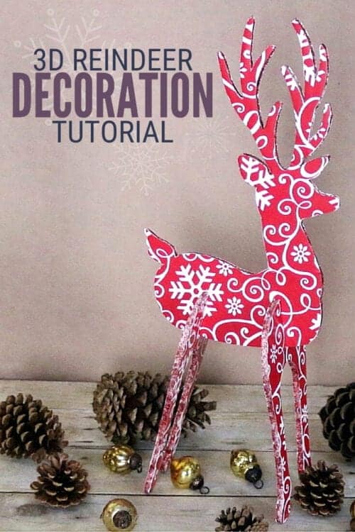 Close up image of a 3D Reindeer decoration surrounded by pinecones.
