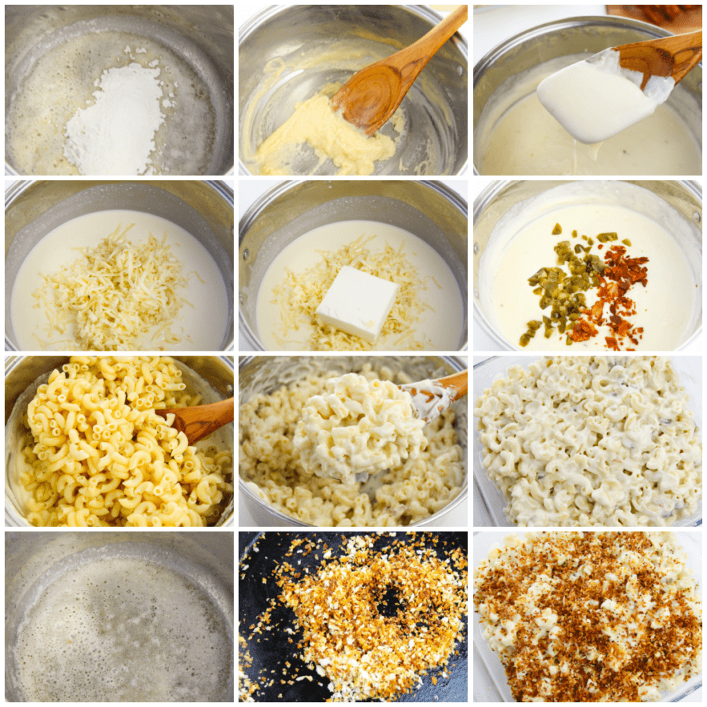 collage image of how to make Jalapeño Bacon Mac and Cheese