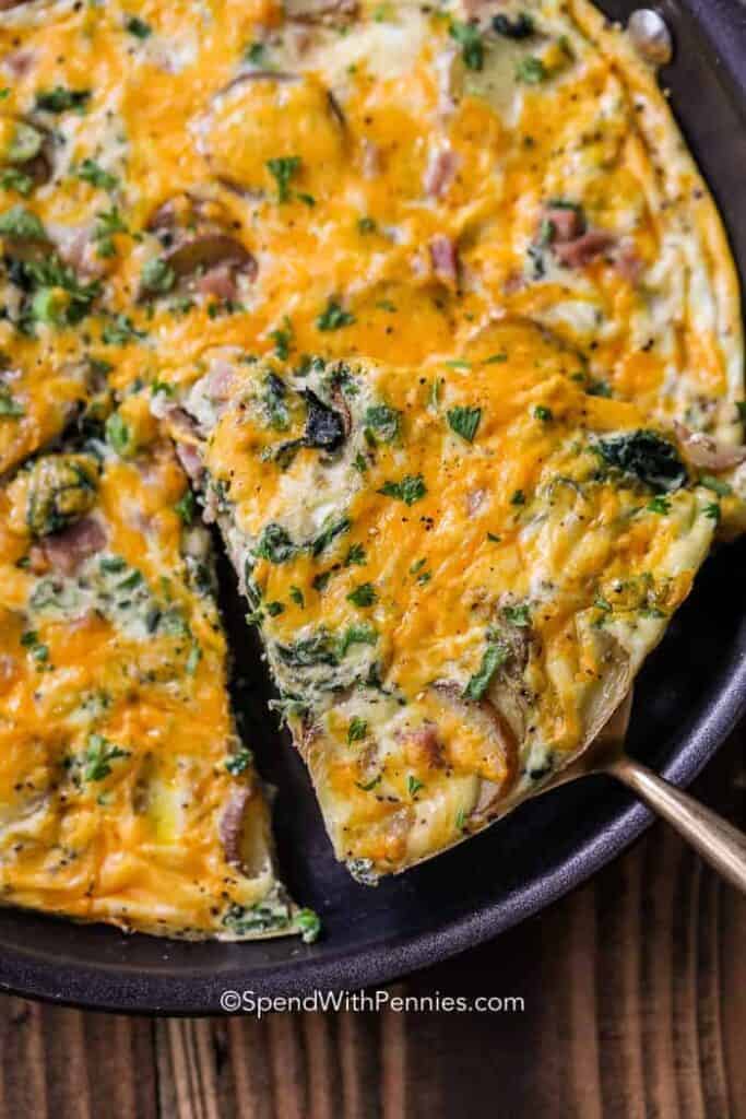 Top down image of a Ham and Spinach Frittata from Spend With Pennies.