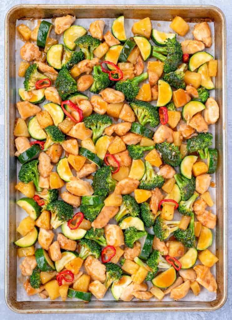 Top down image of baked teriyaki chicken.