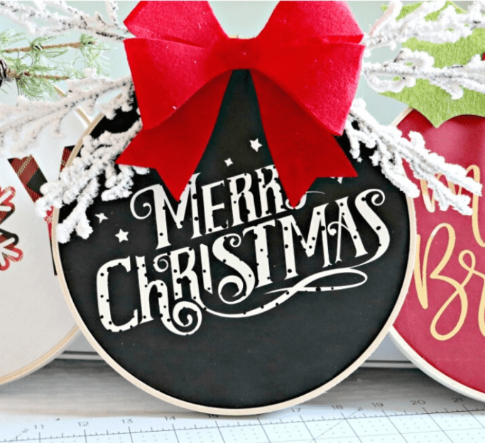 Close up image of embroidery hoop wreaths for Christmas.