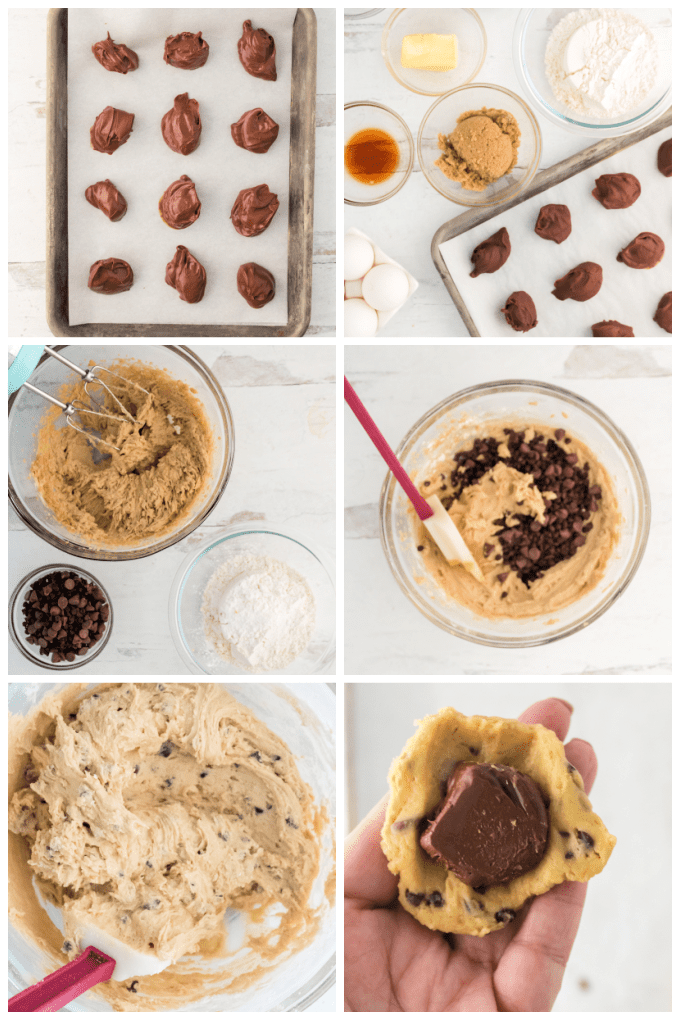 How to Make Nutella Stuffed Chocolate Chip Cookies Collage image.