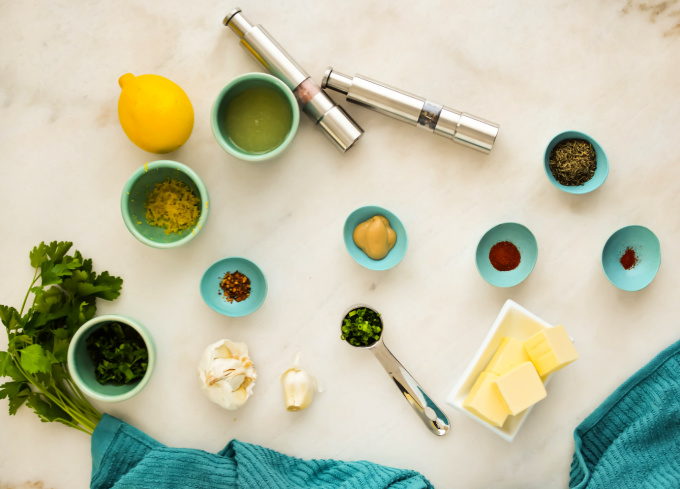 Top down view of ingredients for making cowboy butter dipping sauce.