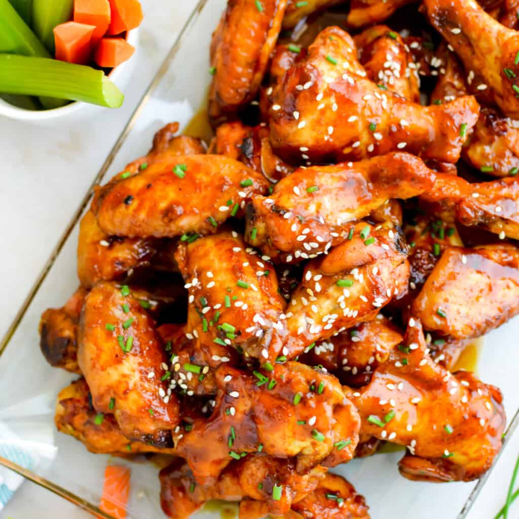 Top down view of teriyaki chicken wings.