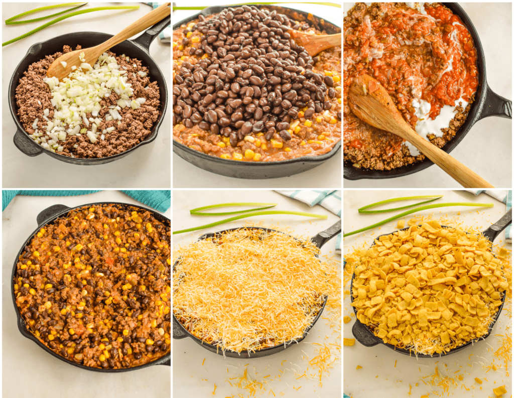 Collage of step by step images for how to make Walking Taco Casserole.