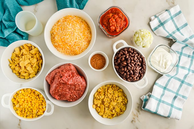 Ingredients for making Walking Taco Casserole with Ground Beef.