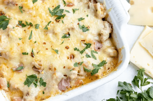 Chicken Cordon Bleu Casserole from Keto Focus in a white baking dish.