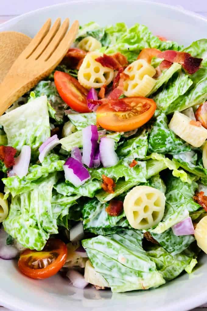 Close up of BLT Pasta Salad in a bowl