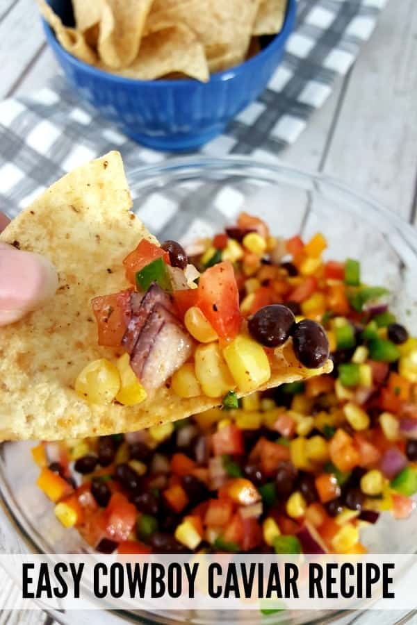 Close up of Cowboy Caviar on a chip.