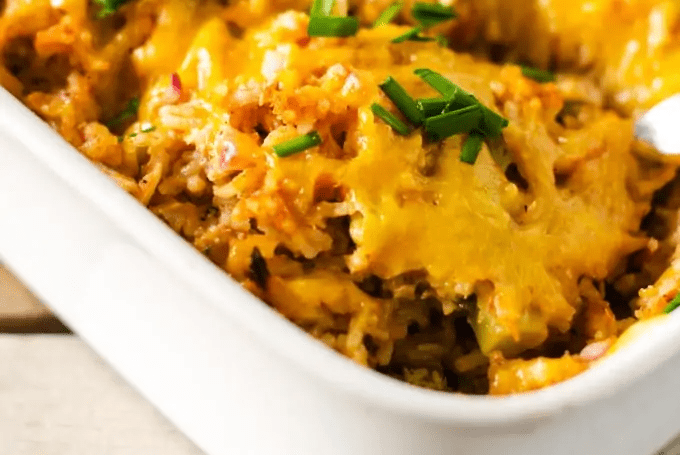 BBQ Ranch Chicken Casserole from Wendy Polisi  in a white baking dish.
