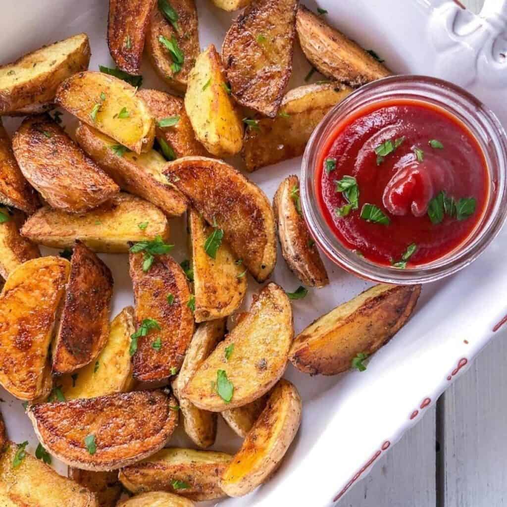 Own Baked Potato Wedges on a white plate next to a ramekin of ketchup.