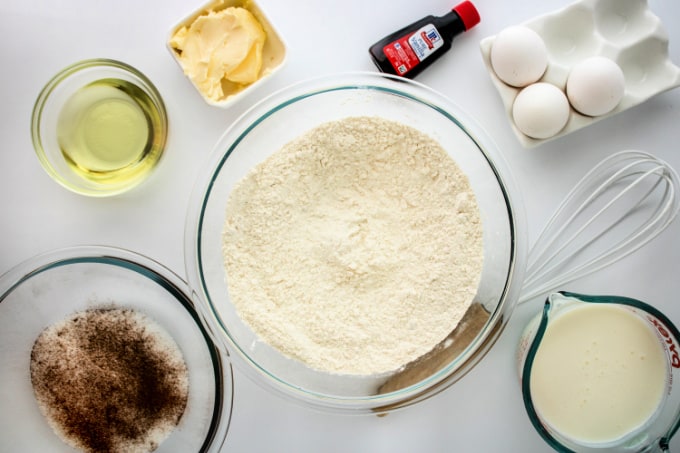 Bowls of ingredients for Cinnamon Sugar Waffles.