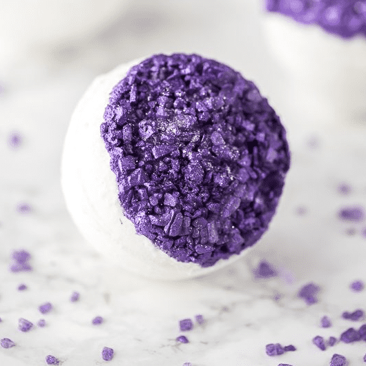Close up of DIY Amethyst Bath Bombs.