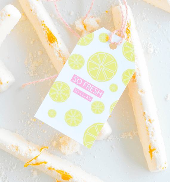 Close up of DIY Citrus Bath Bombs with a printable gift tag.