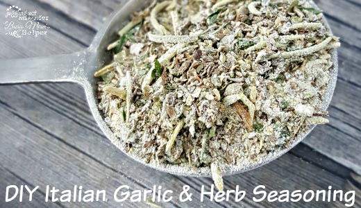 Homemade Italian Garlic & Herb Mix on a measuring spoon.