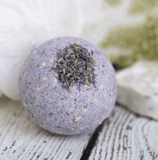 Close up of Lavender and Oatmeal Bath Bombs.