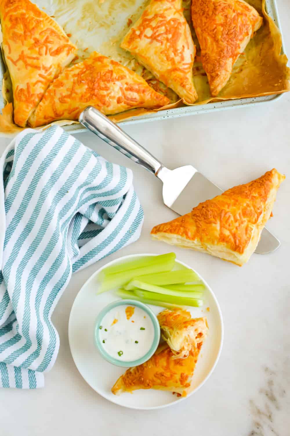 Top down view of Buffalo Chicken Puff Pastry Pockets.